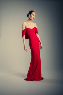 Badgley Mischka | Off Shoulder Pleated Gown | Red