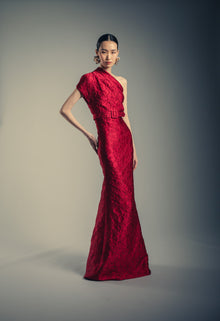 Badgley Mischka | One Shoulder Jacquard Gown | Ruby