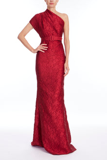Badgley Mischka | One Shoulder Jacquard Gown | Ruby