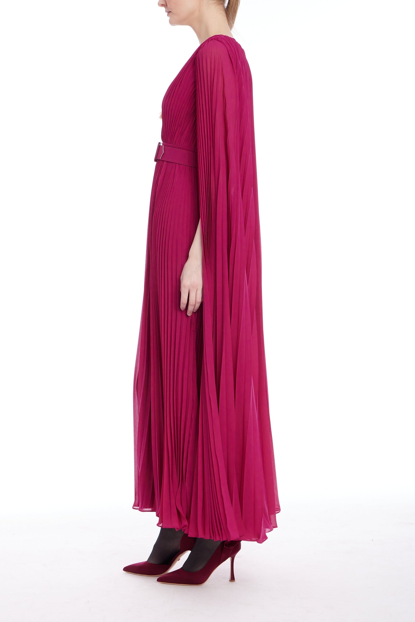 Badgley Mischka | V-Neck Pleated Cape Dress | Raspberry