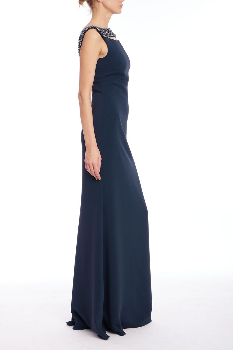 Badgley Mischka | Beaded Cutout Sleeveless Maxi Gown | Navy