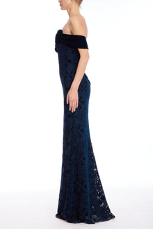 Badgley Mischka | Off-Shoulder Velvet & Burnout Lace Column Gown | Navy