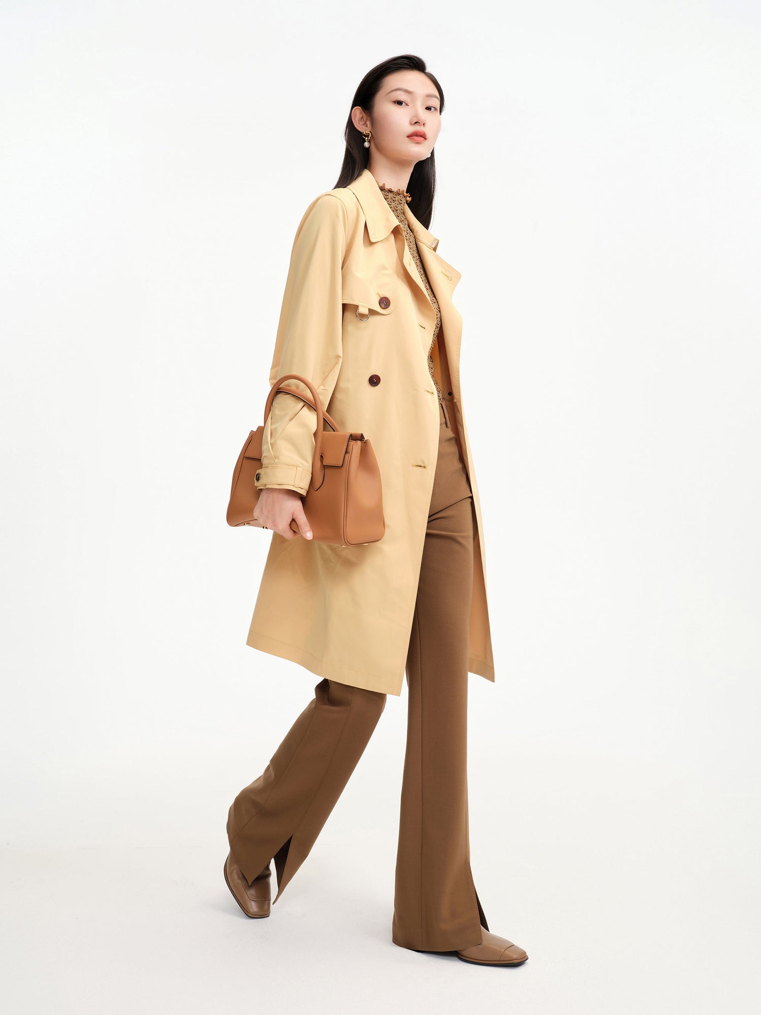 Fine Knitted Front Slits Pants | Brown