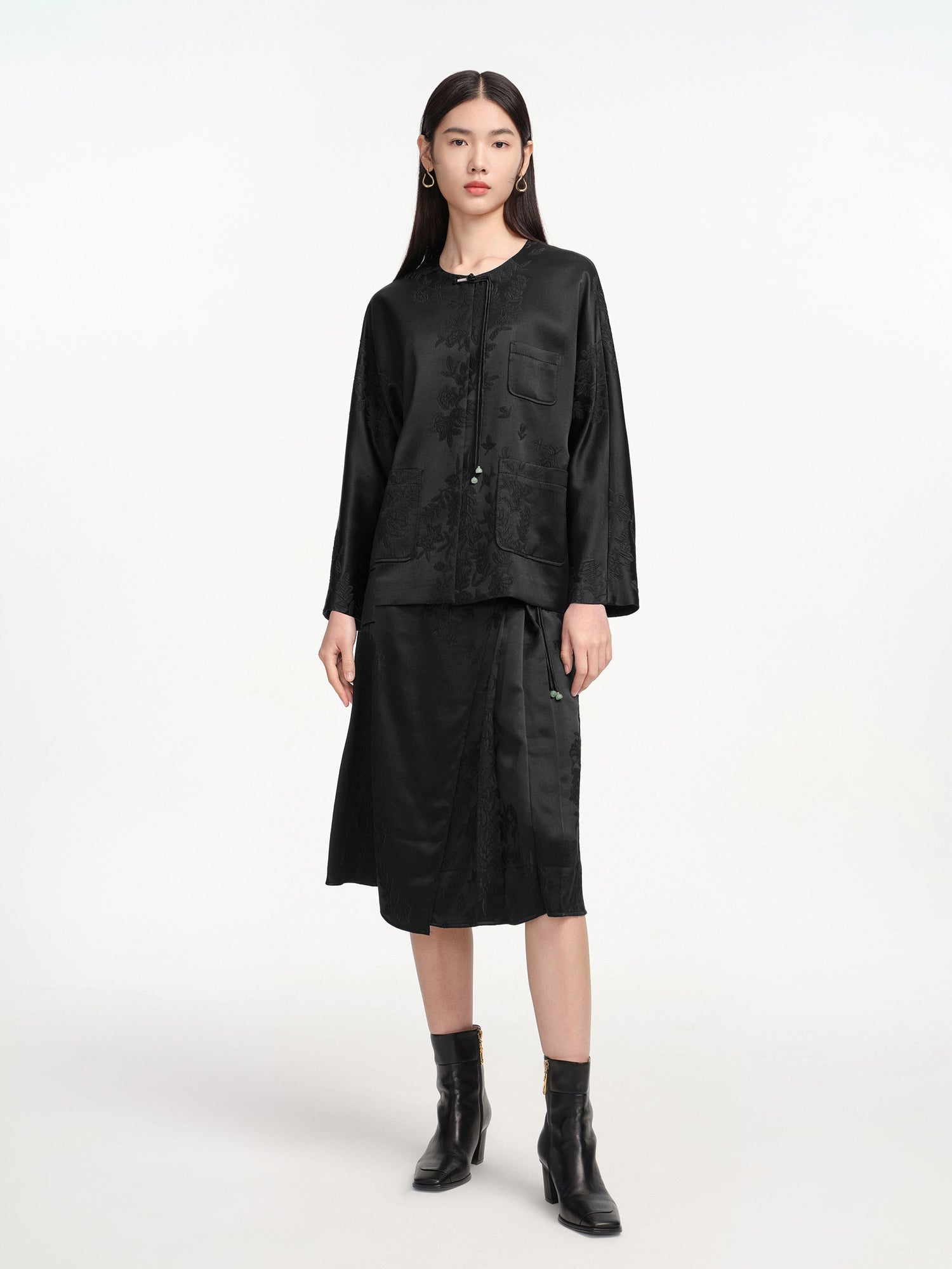Mulberry Silk Embossed Midi Skirt | Black