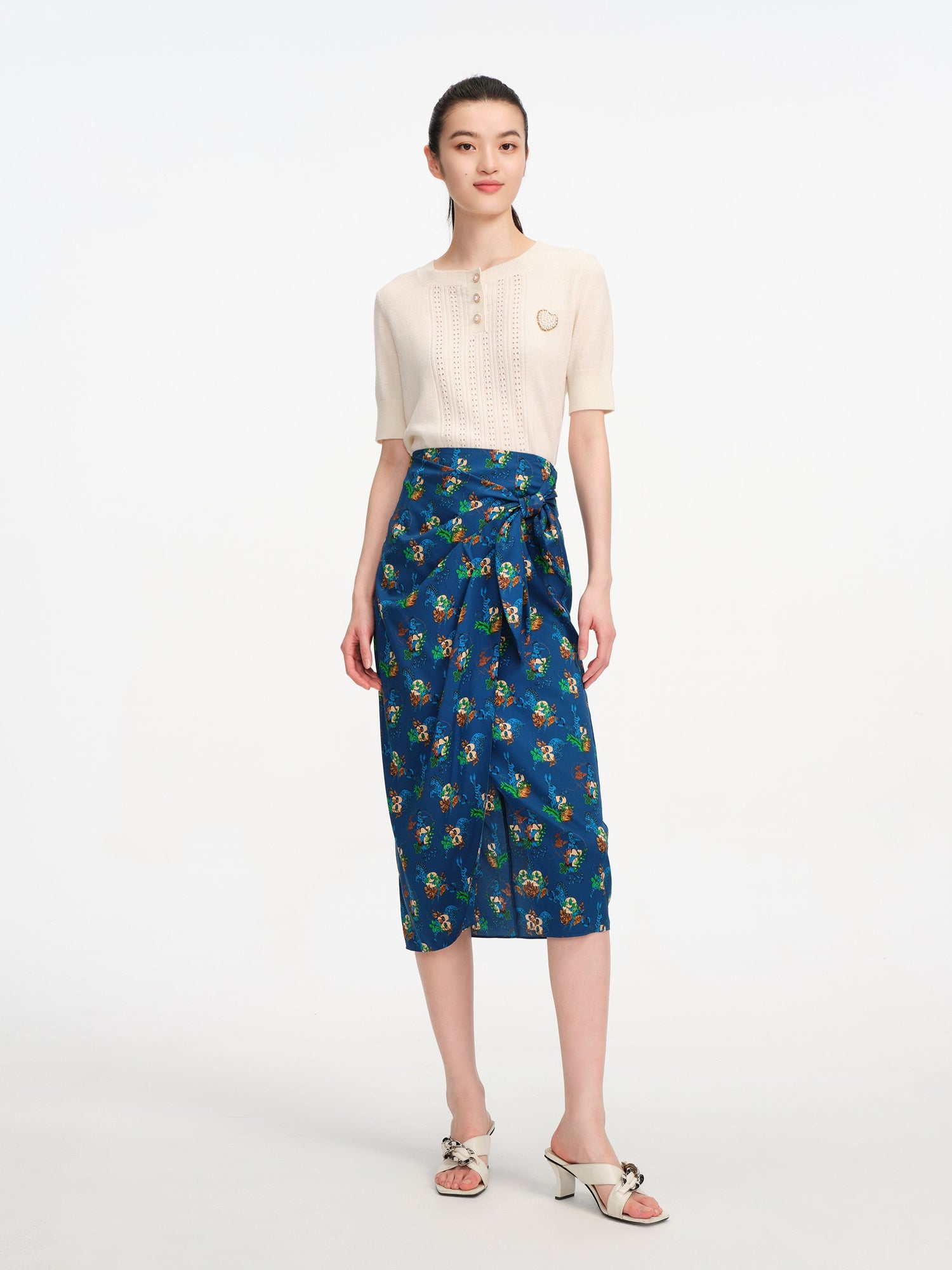 Flora Print Midi Wrap Skirt | Blue