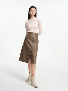 Nappa Wrap Skirt With Buttons | Brown