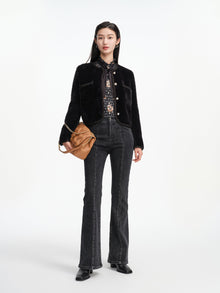 Bow High-Neck Printed Shirt | Black