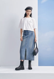 Split Cotton Midi Skirt | Blue