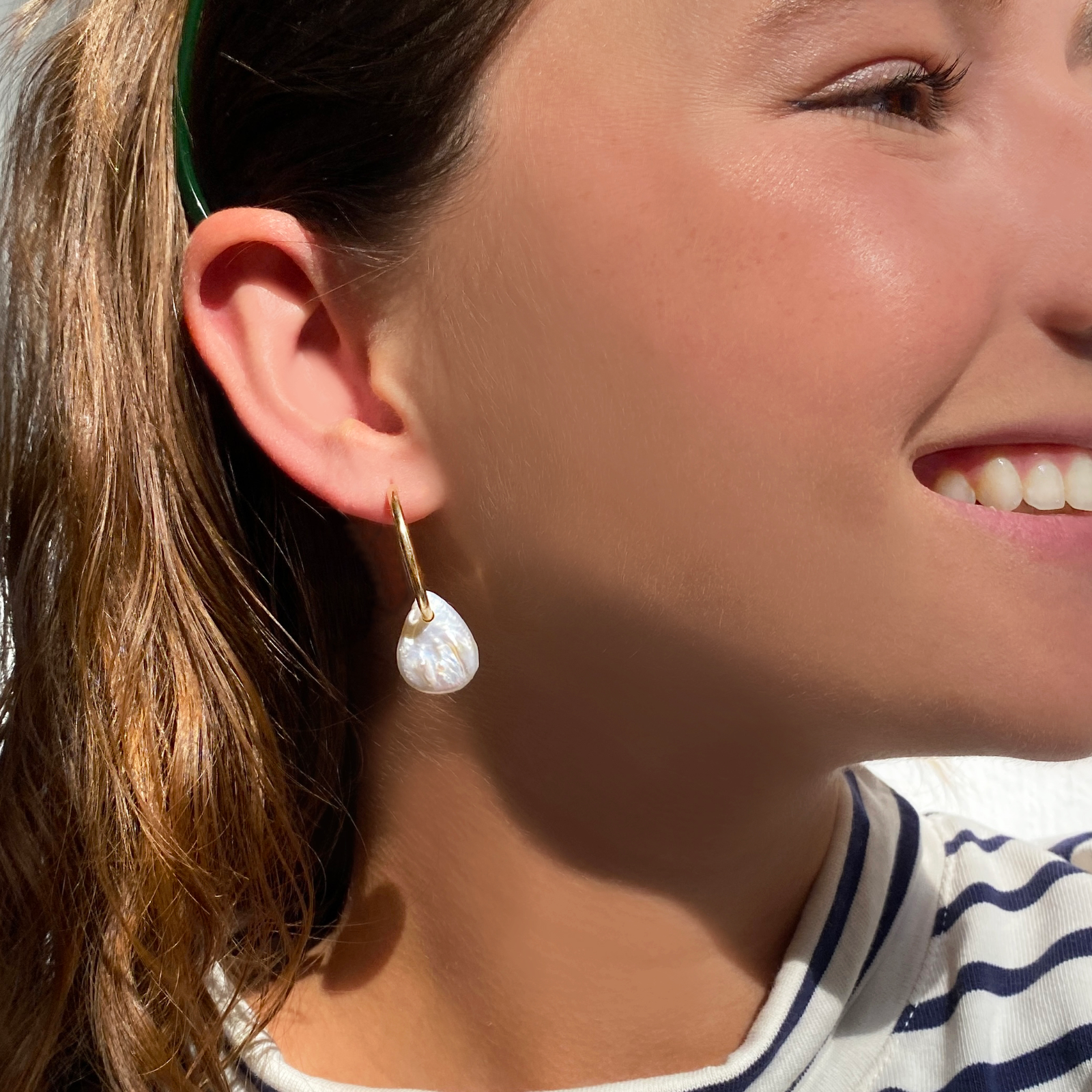 White Teardrop Coin Pearl Hoops
