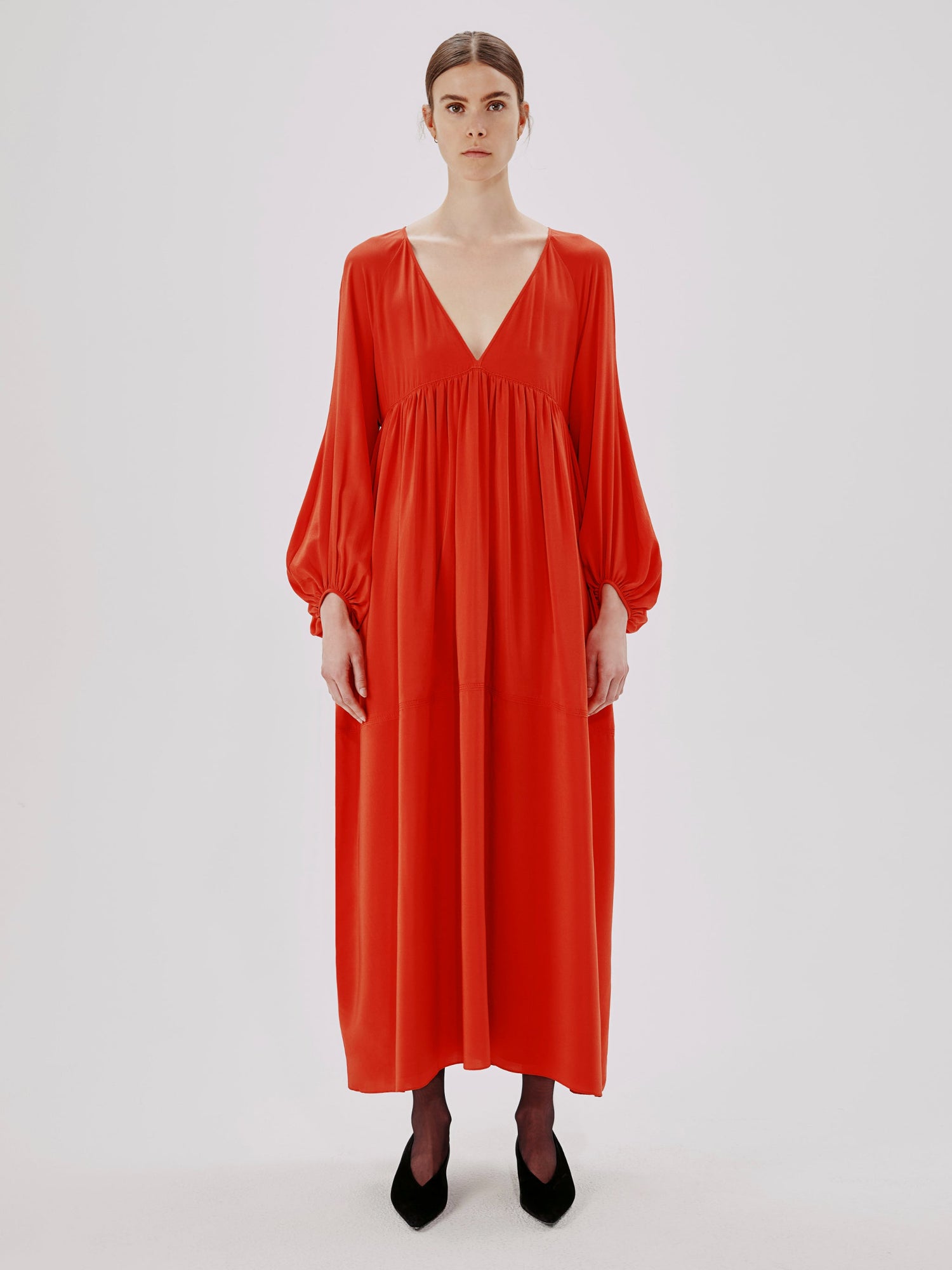 Another Tomorrow Empire Cocoon Dress in Tomato – Silk Women's Dress