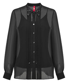 Silk Embrpoidered Collar Button-Down Shirt | Black