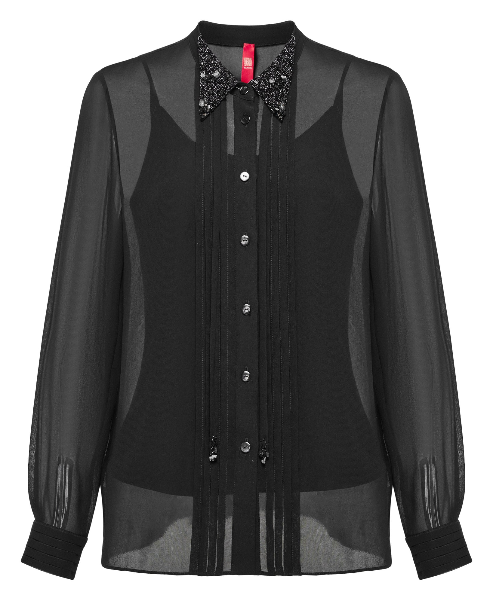 Silk Embrpoidered Collar Button-Down Shirt | Black