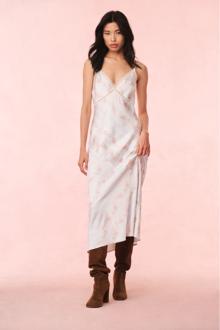 Ermon Satin Floral Slip Dress | Wavecrest Blue