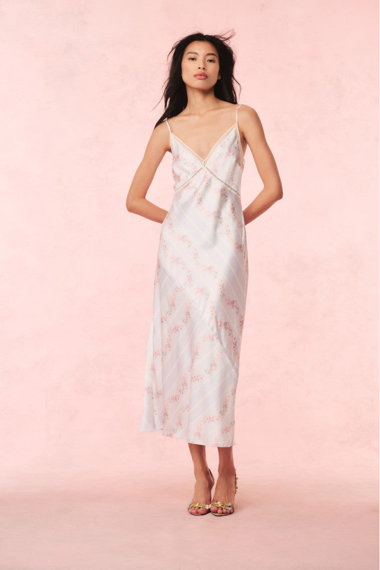 Ermon Satin Floral Slip Dress | Wavecrest Blue