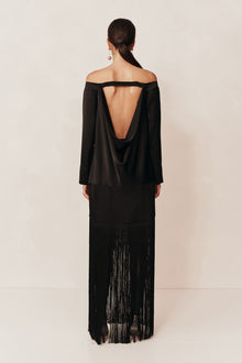 Mono Off Shoulder Fringe Dress | Black