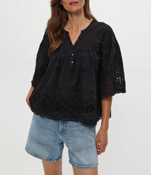Gloria Eyelet Flutter Top | Black