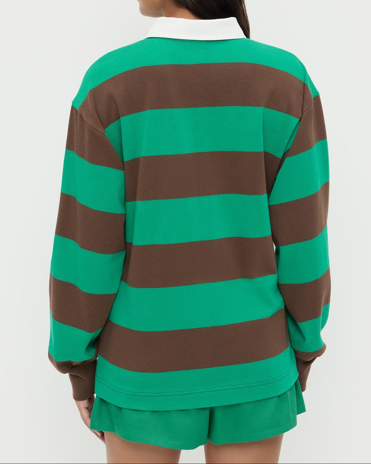 Evan Rugby Shirt in green and brown striped cotton and Cole Short in green cotton.