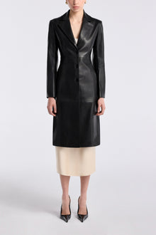 Model is wearing the Nour Hammour Eames Grand Leather Coat Black - Front