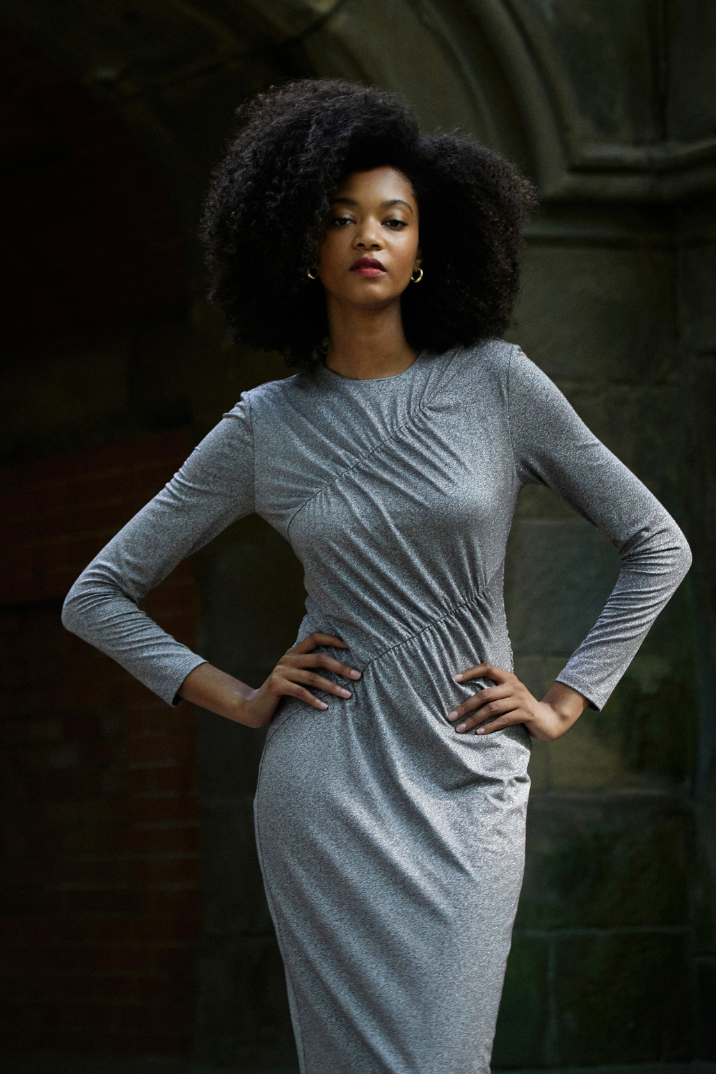 Metallic Jersey Ruched Dress | Gunmetal