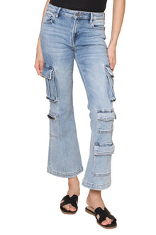 Hidden | Medium Wash High Rise Cargo Jeans | Blue