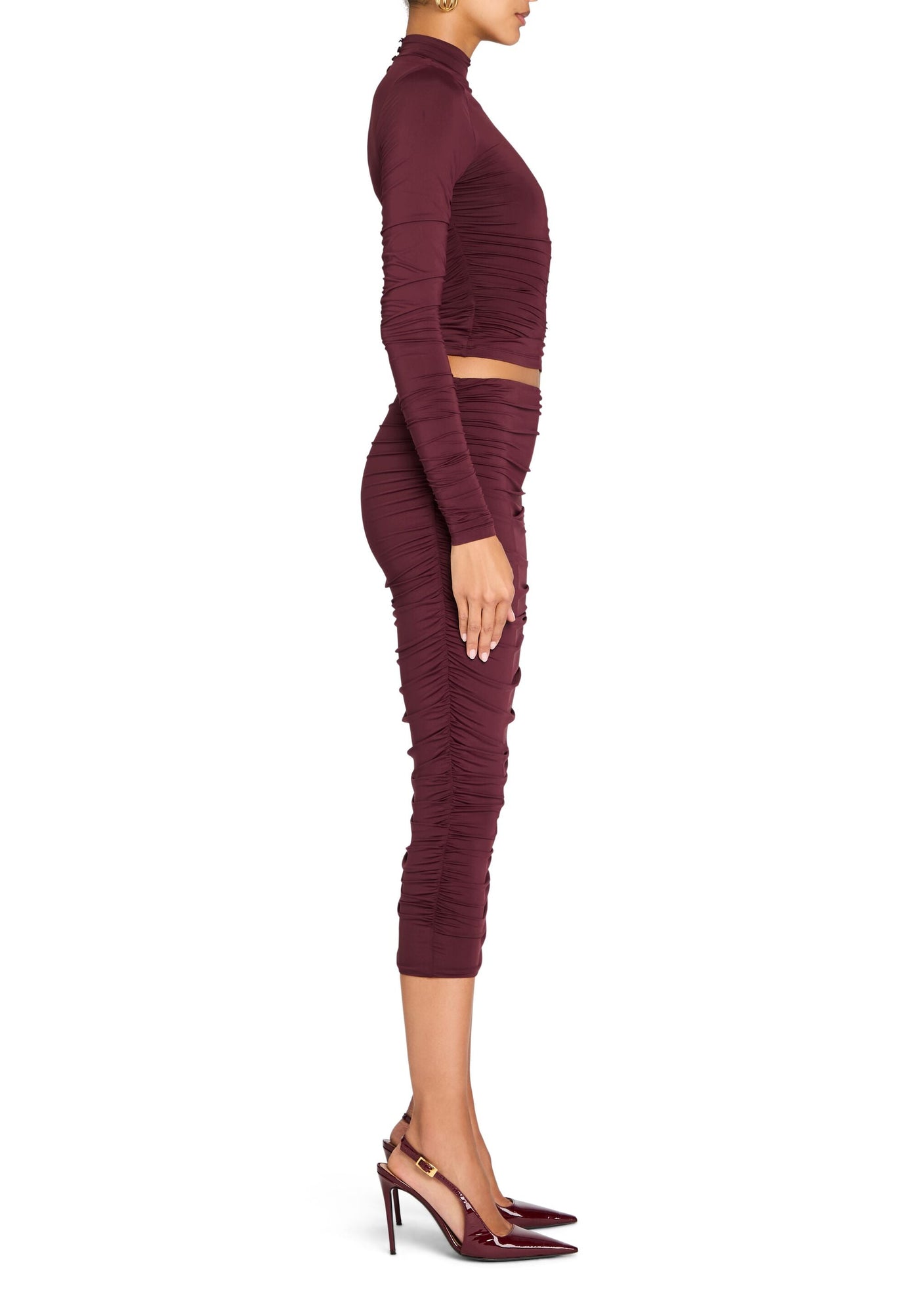 Womens | Darcy Mid Rise Ruched Midi Skirt | Merlot