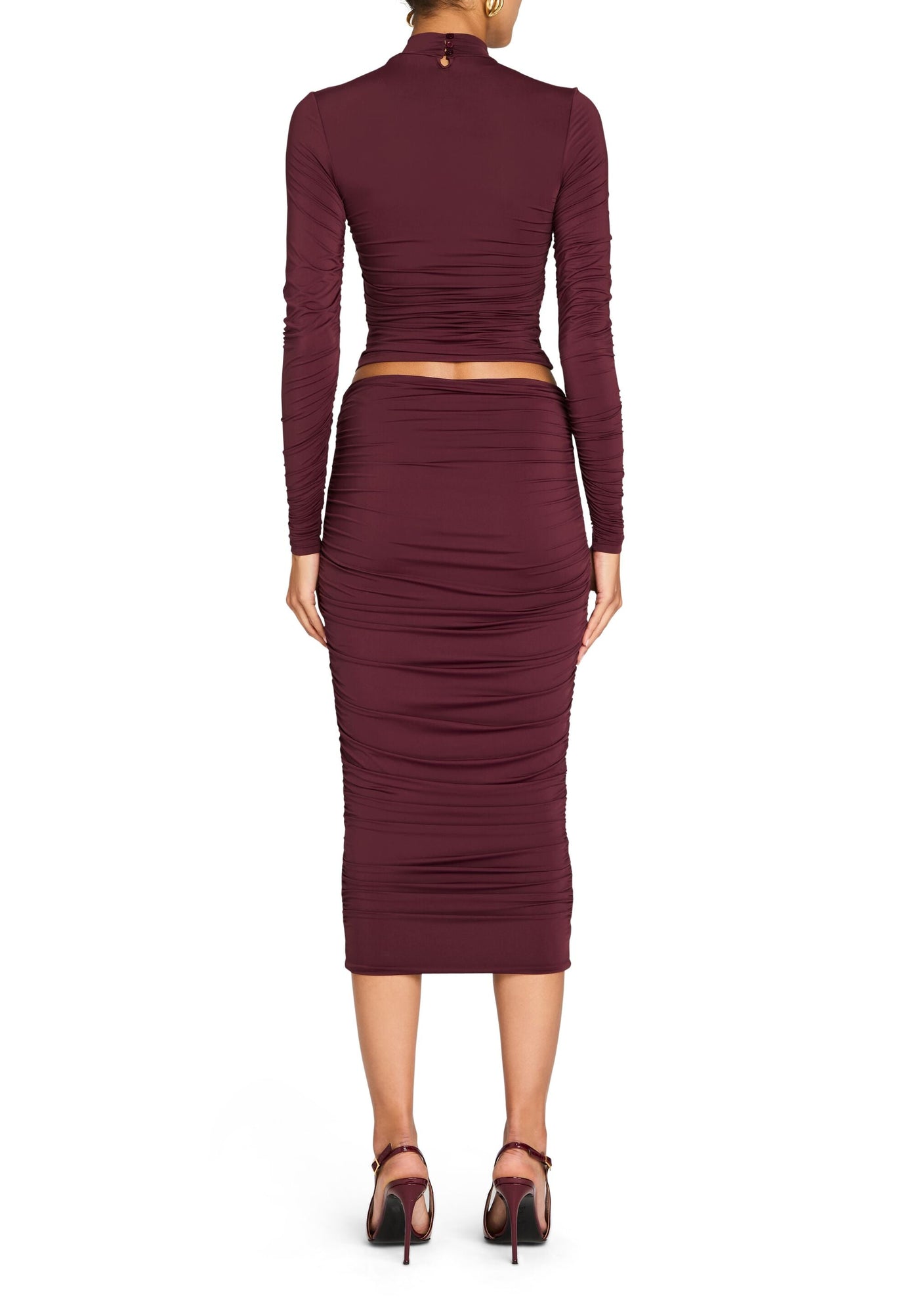 Womens | Darcy Mid Rise Ruched Midi Skirt | Merlot
