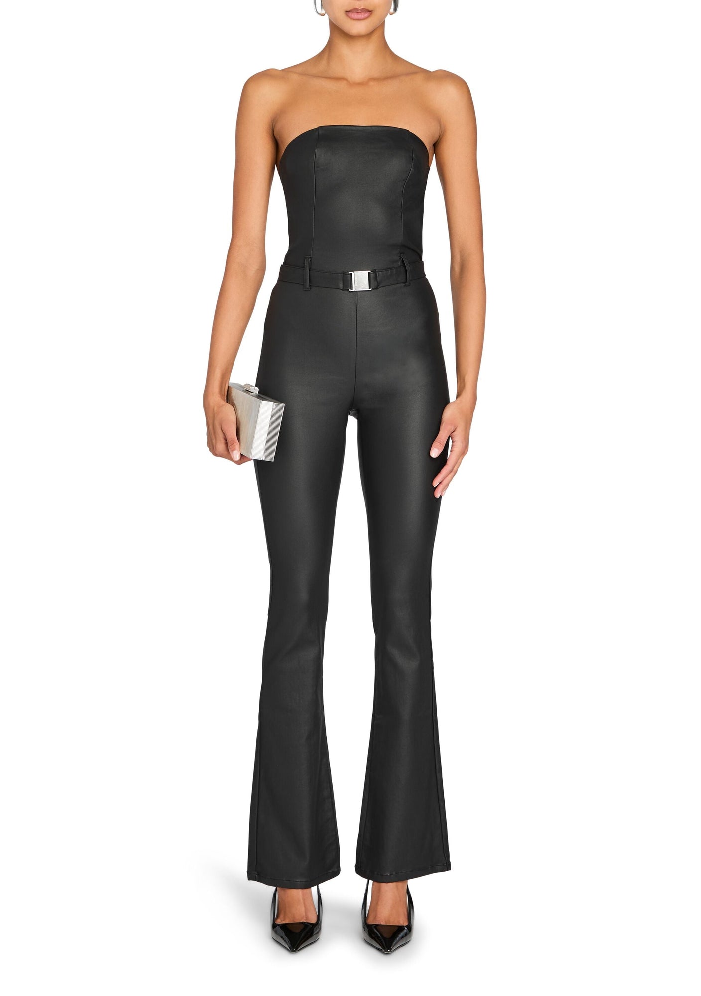 Womens | Vice Coated Denim Slim Flare Jumpsuit | Coated Black