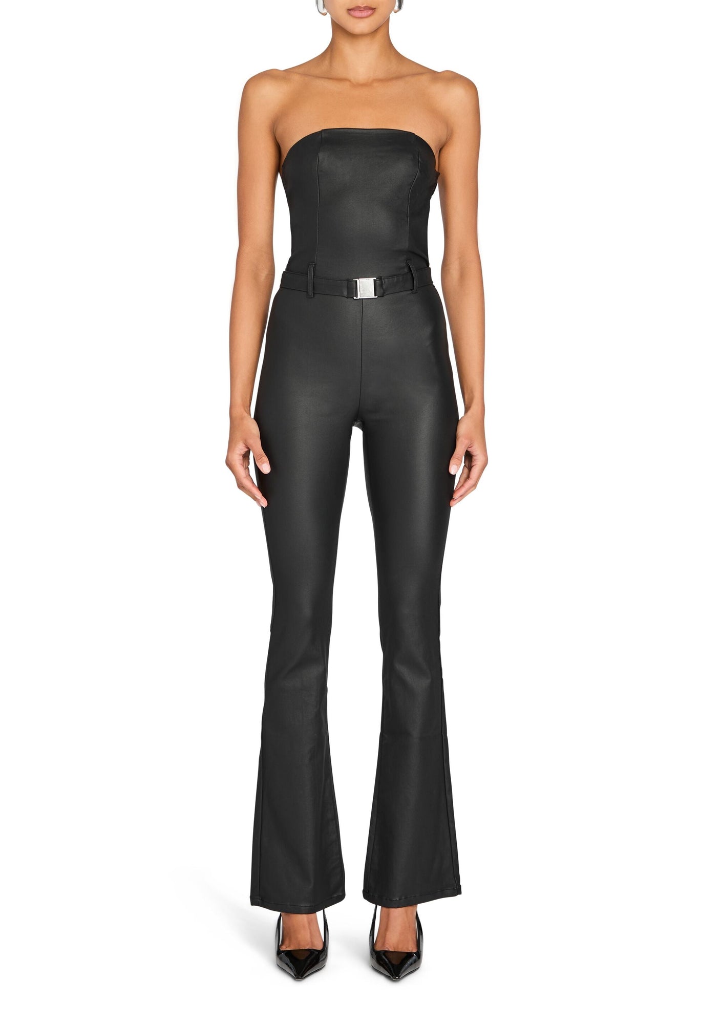 Womens | Vice Coated Denim Slim Flare Jumpsuit | Coated Black