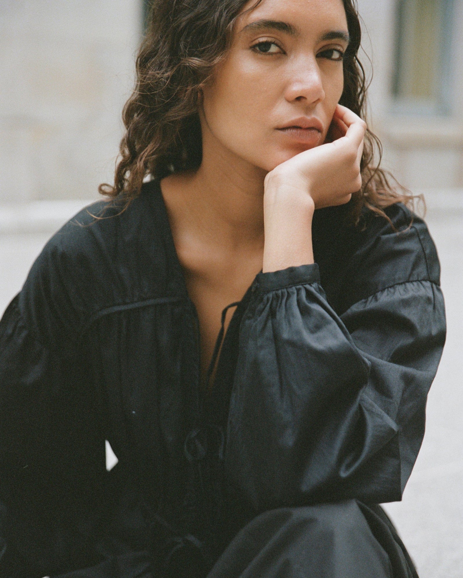 Hira Tie-Front Organic Cotton Blouse | Black