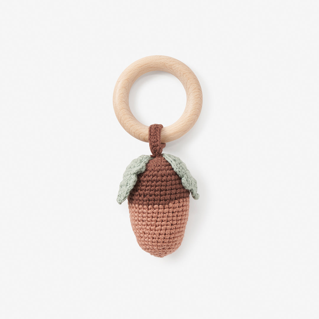 Unisex | Acorn Knit Wooden Baby Rattle | Brown