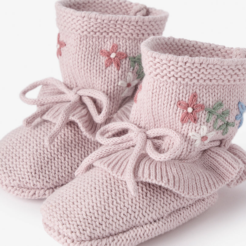 Girls | Violet Ice Garter Knit Embroidered Ruffle Booties | Violet