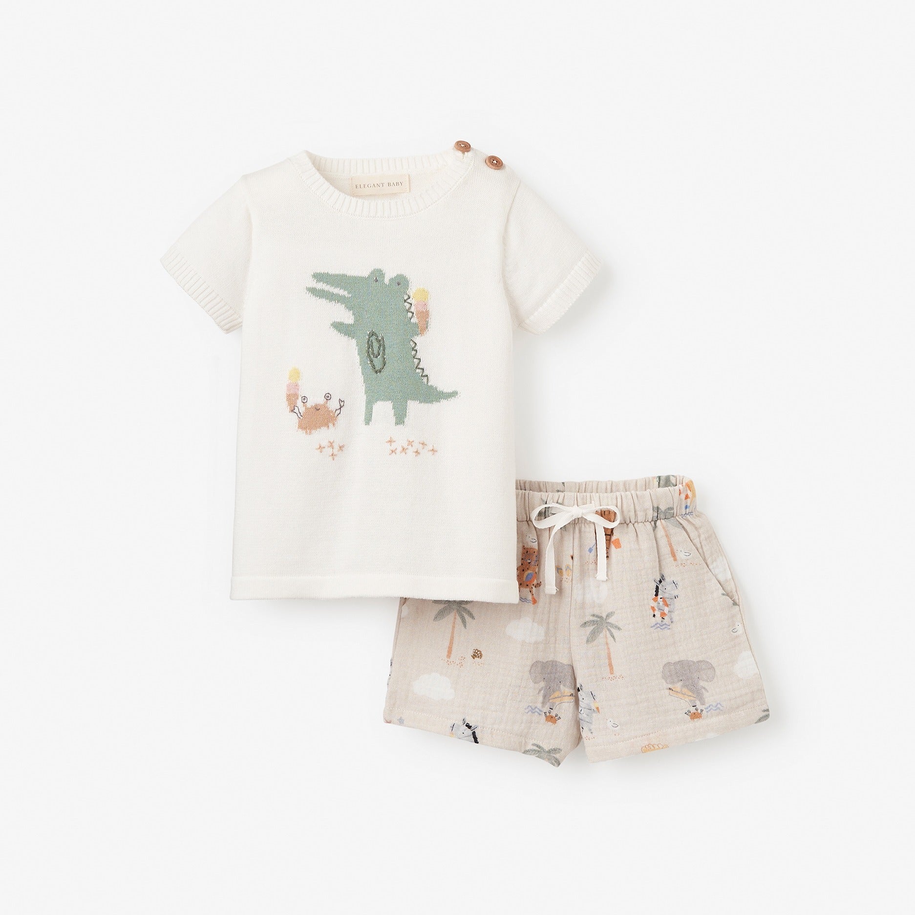Boys | Alligator Knit Pullover + Seaside Safari Organic Muslin Short Set | Multi