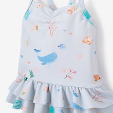 Girls | Pale Blue Ocean Adventure Baby Ruffle Swimsuit | Blue