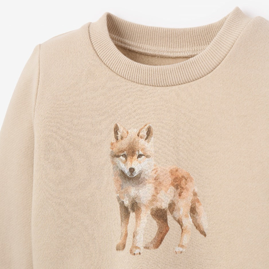 Boys | Wolf Printed Organic Fleece Sweatshirt + Cargo Pant Set | Brown