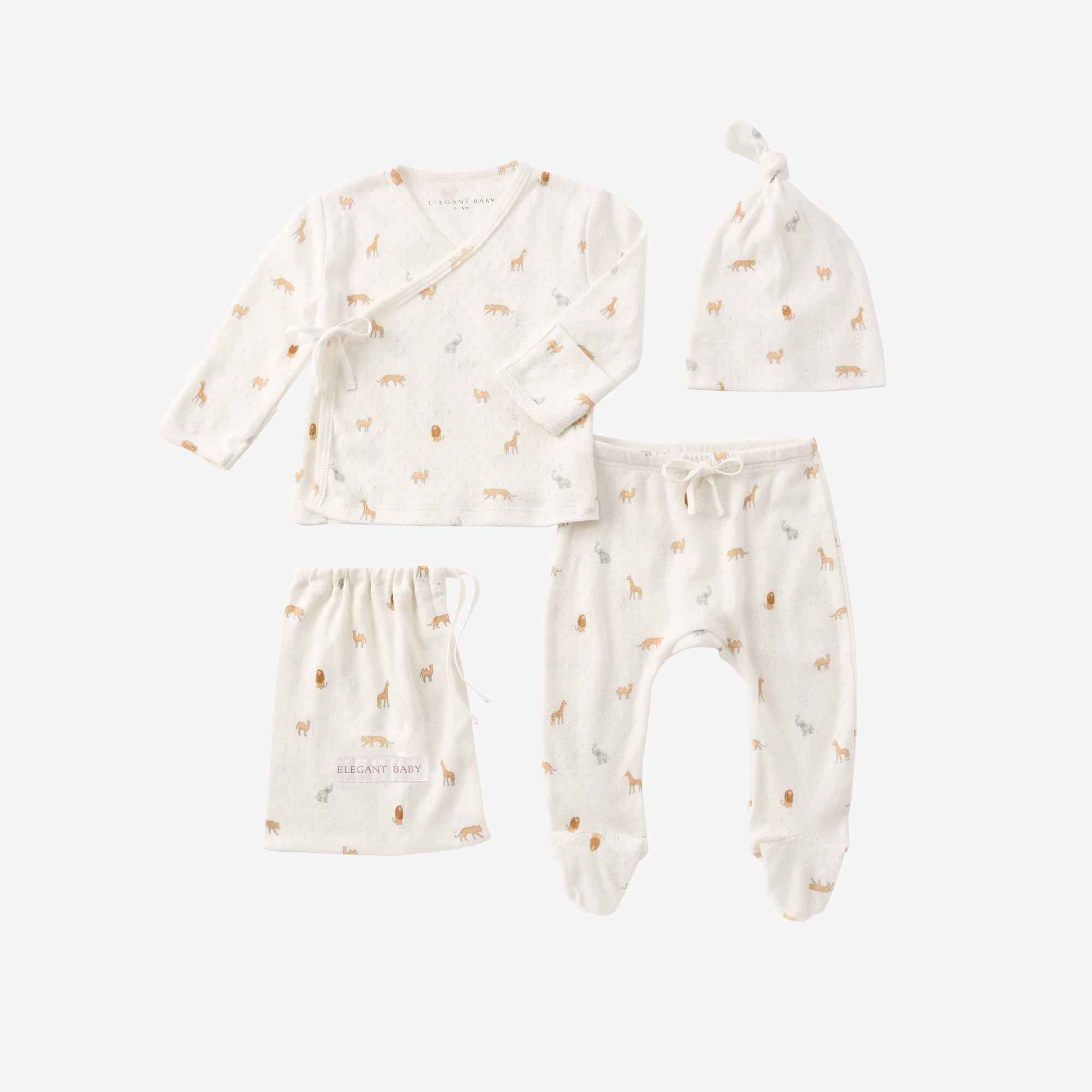 Unisex | Neutral Safari Print Organic Cotton Pointelle Layette 3 Pc Gift Set | Multi