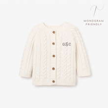 Unisex | Whisper White Horseshoe Cable Knit Baby Cardigan | White