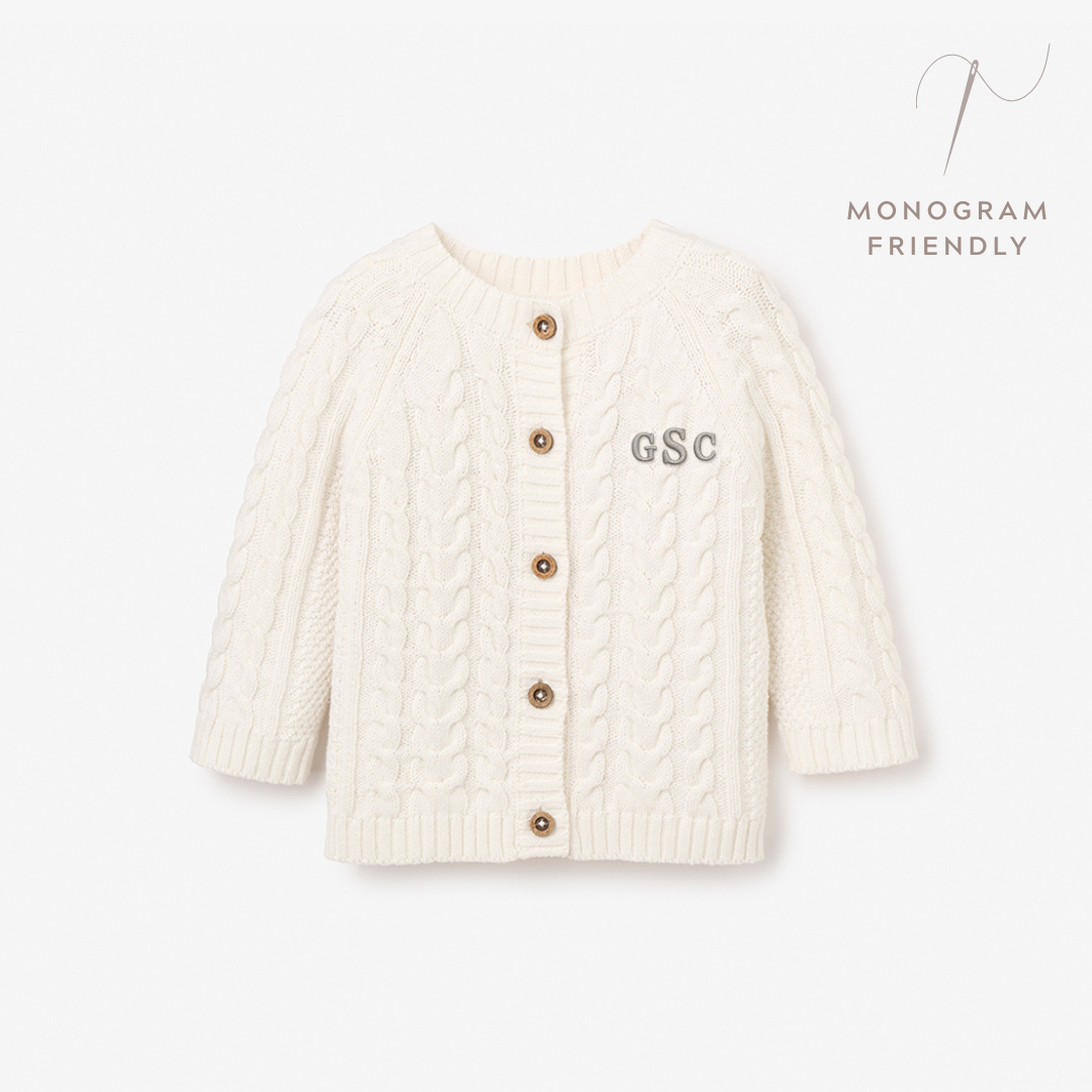 Unisex | Whisper White Horseshoe Cable Knit Baby Cardigan | White