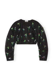 Embellished Mesh Cropped Blouse | Black