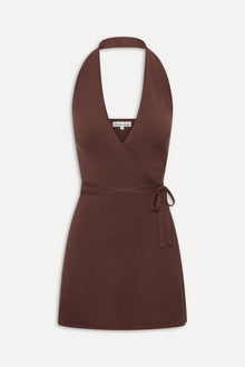 Evening Halter Wrap Mini Dress - Brown Sugar