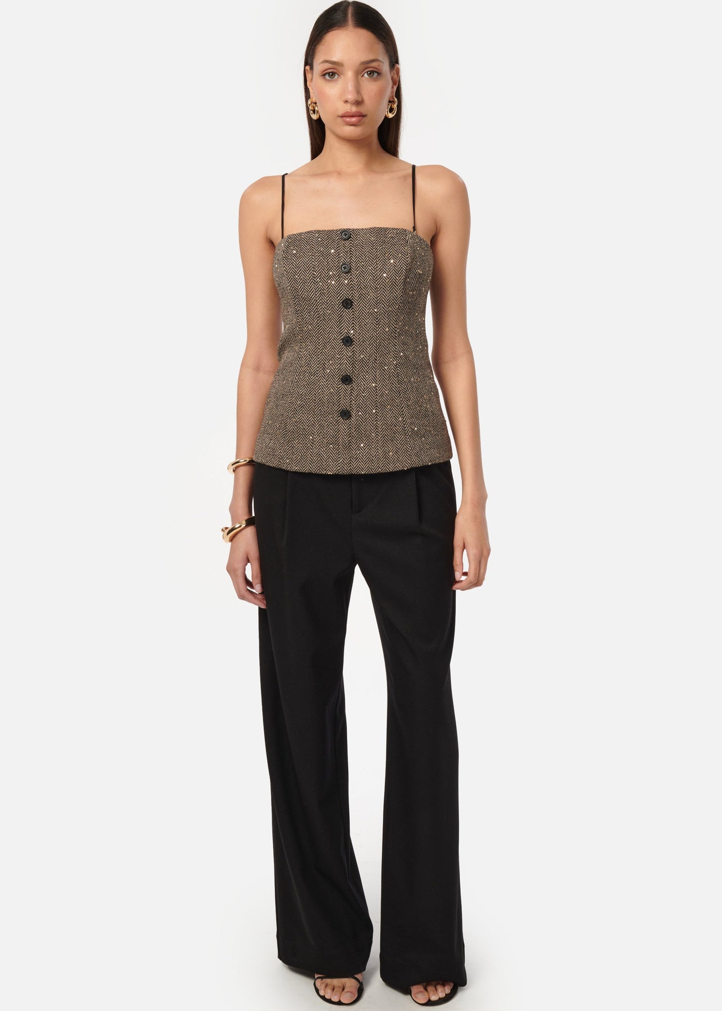 Elliot Sequin Tweed Top | Black and Tan
