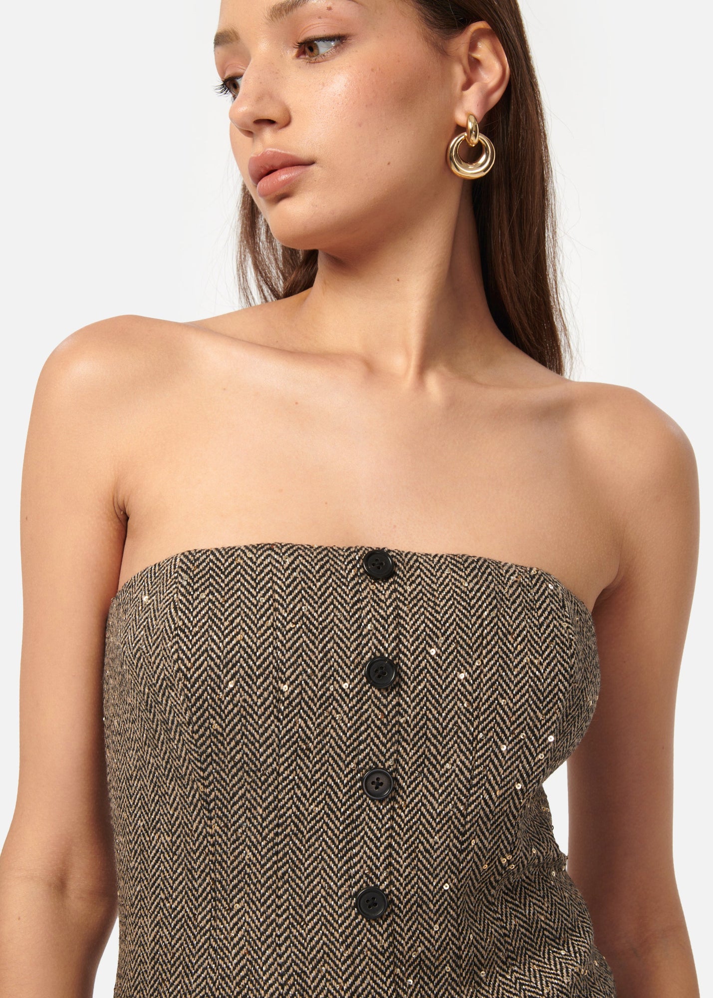 Elliot Sequin Tweed Top | Black and Tan