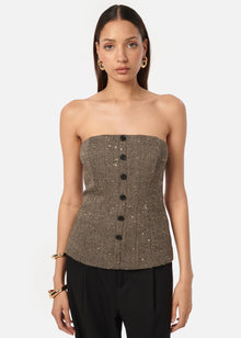 Elliot Sequin Tweed Top | Black and Tan