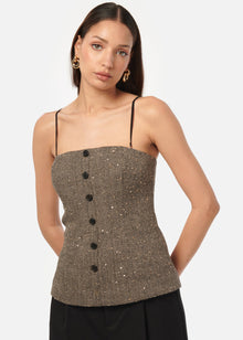 Elliot Sequin Tweed Top | Black and Tan
