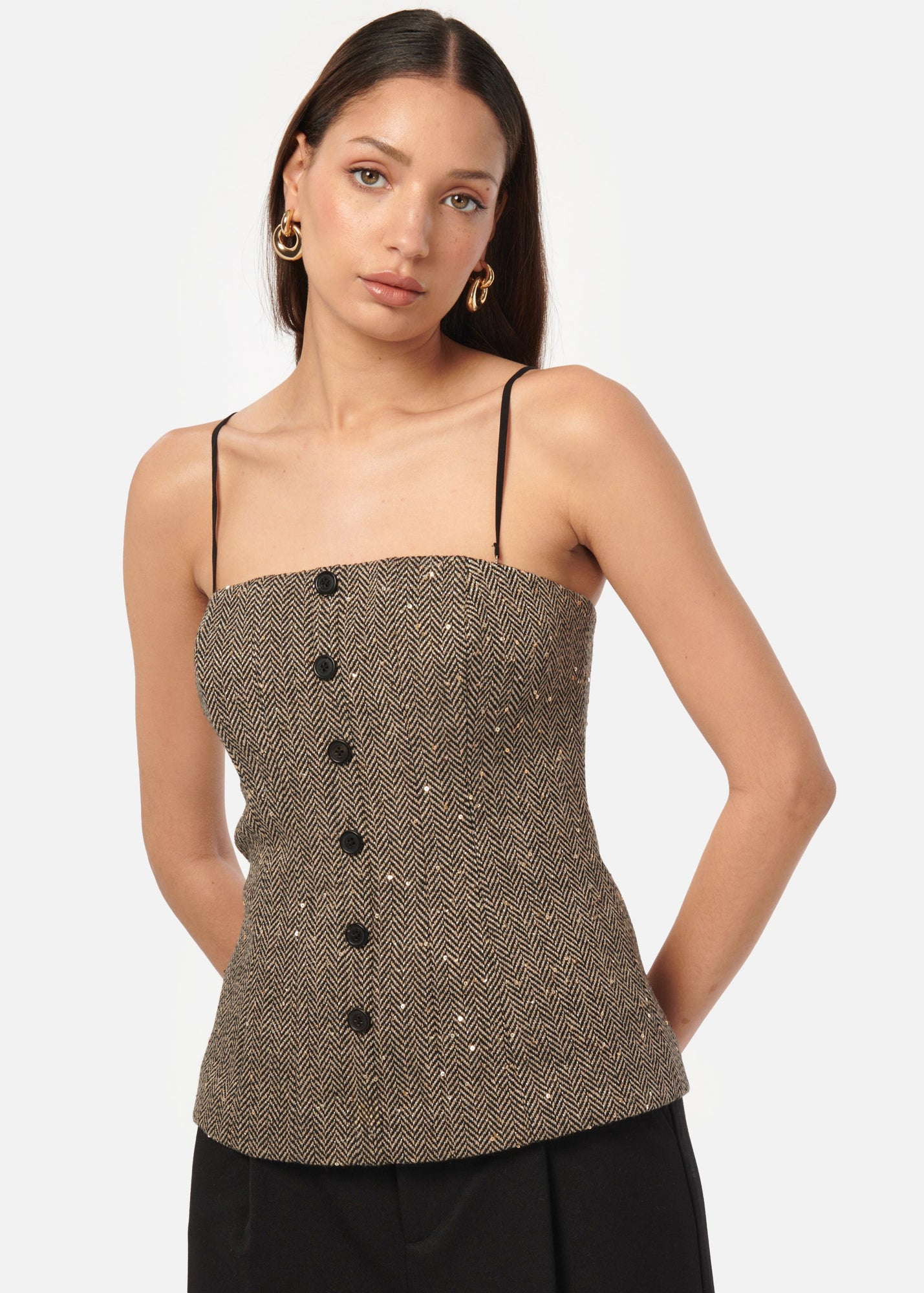 Elliot Sequin Tweed Top | Black and Tan