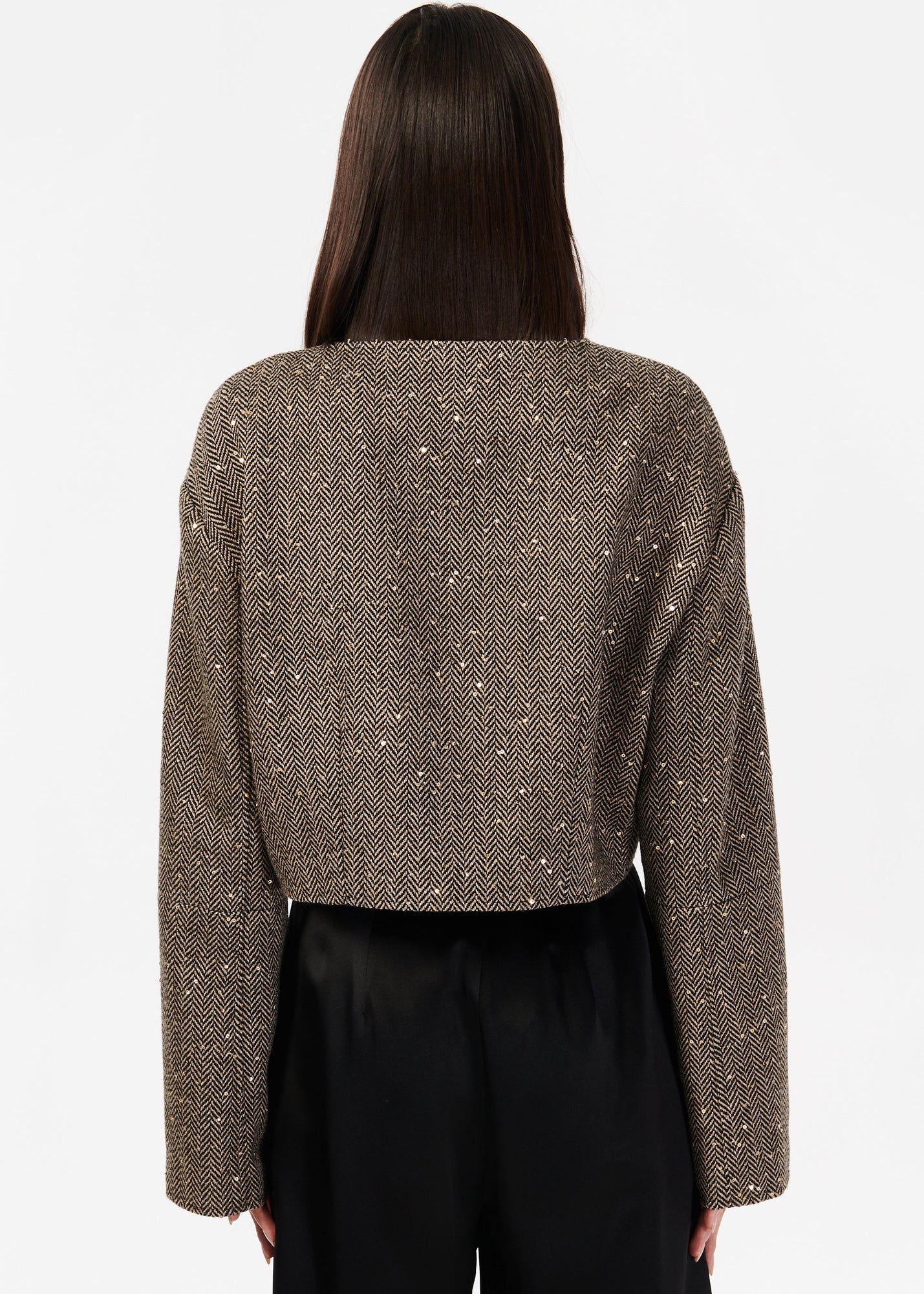 Serrano Sequin Tweed Cropped Jacket | Black and Tan