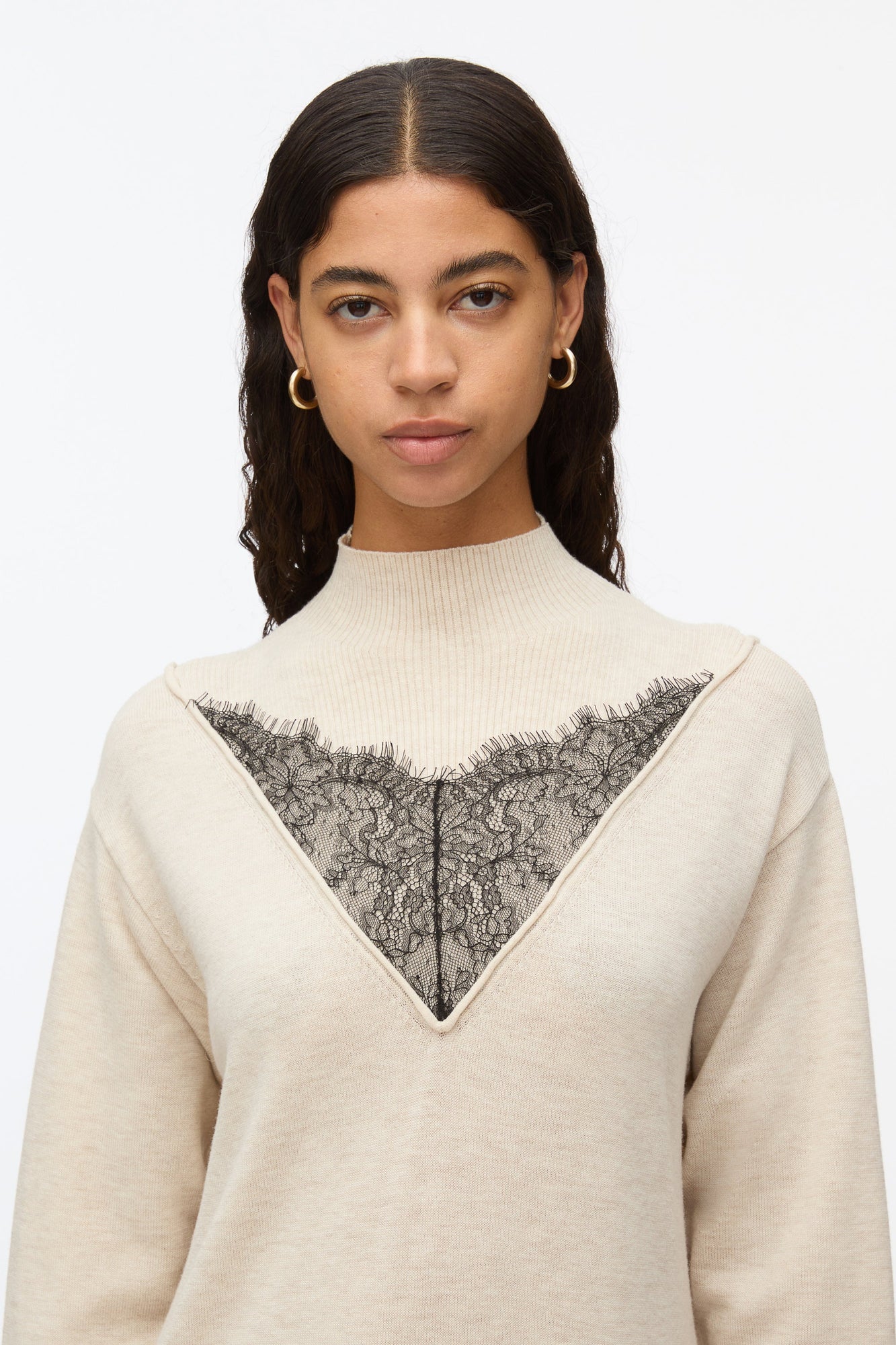 3.1 Phillip Lim | Mockneck Knit Dress with Lace Inlay | Oatmeal