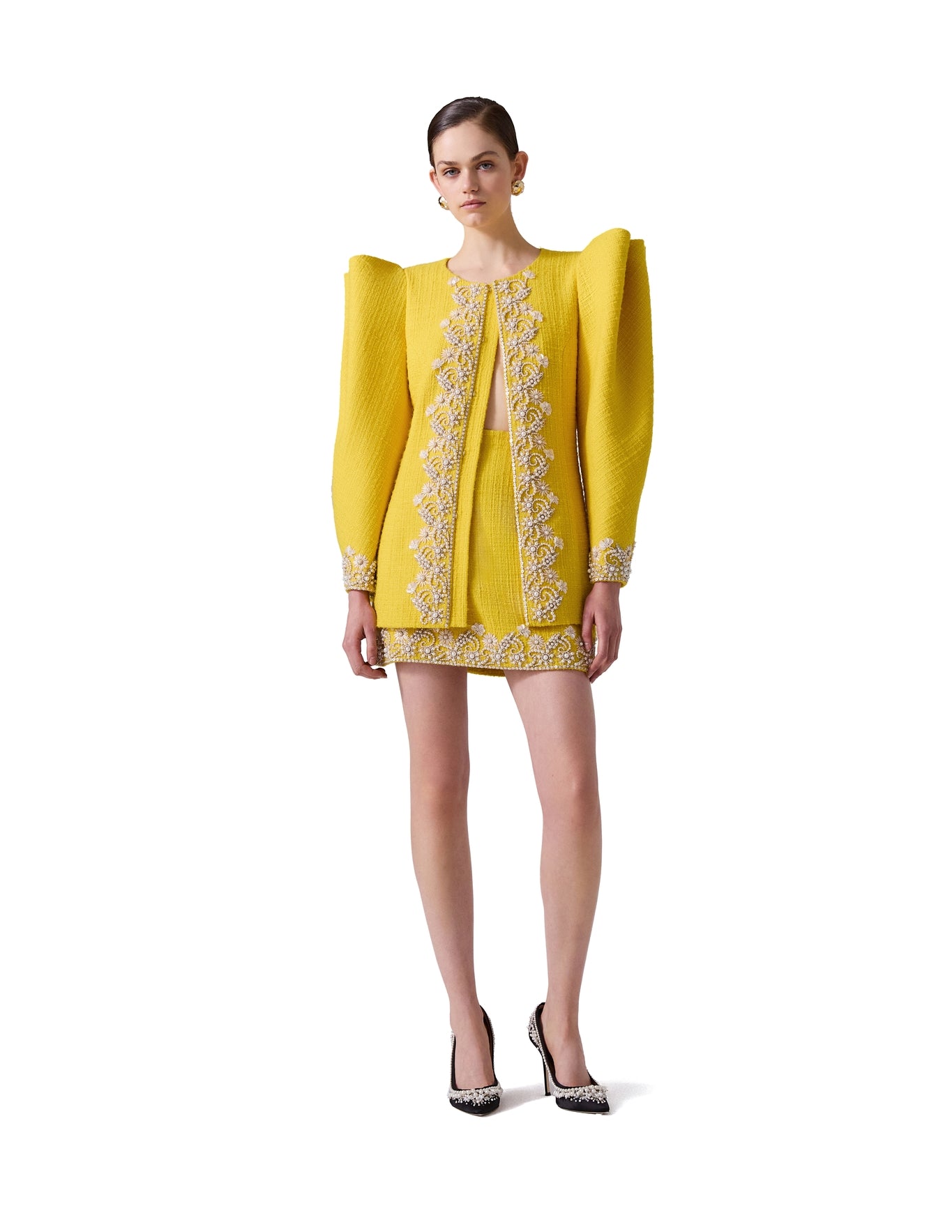 Embroidered Puff Sleeve Crewneck Jacket with Pockets | Freesia