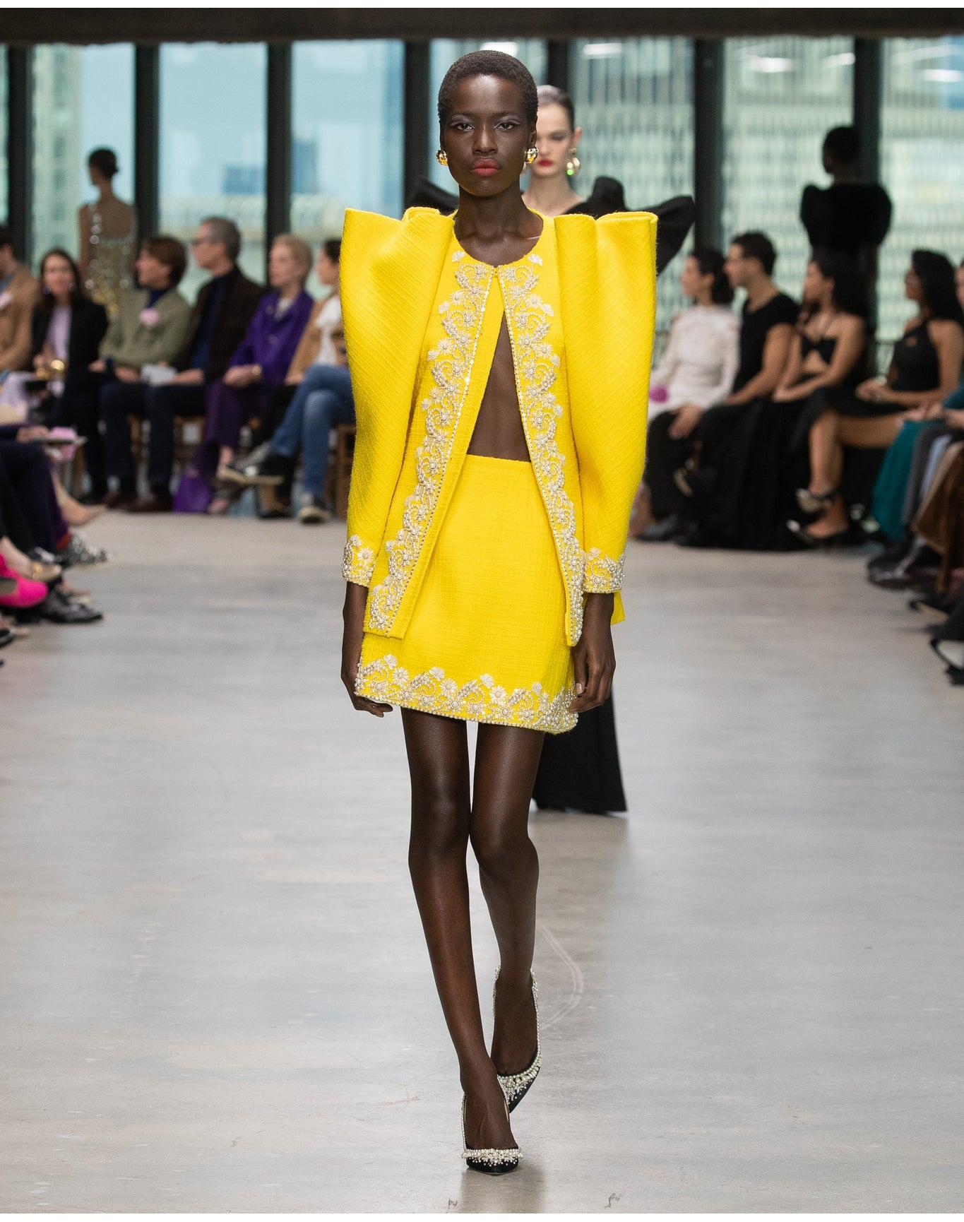 Embroidered Puff Sleeve Crewneck Jacket with Pockets | Freesia
