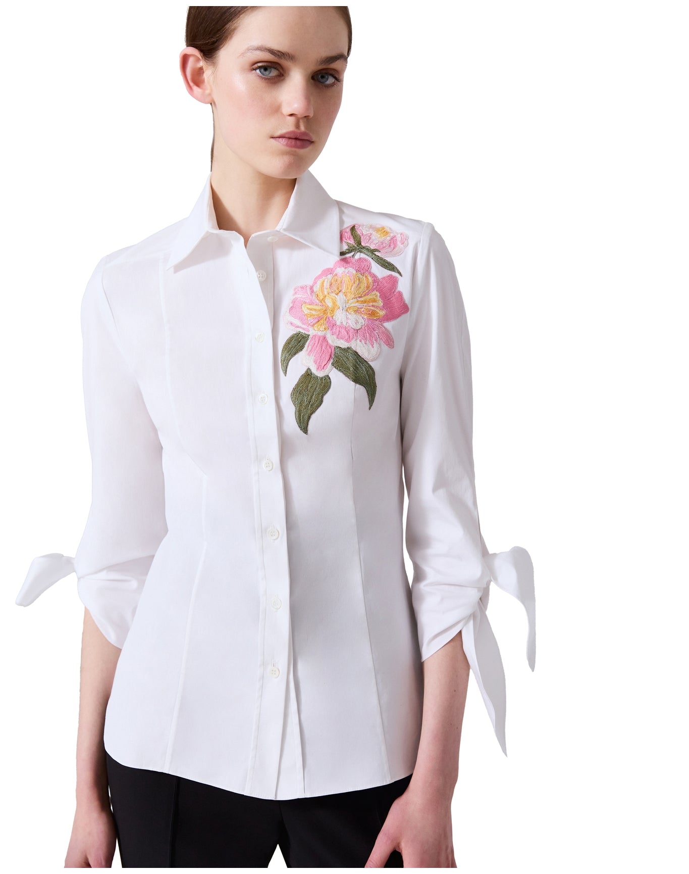 Embroidered 3/4 Tie Sleeve Collared Button Down | White Multi
