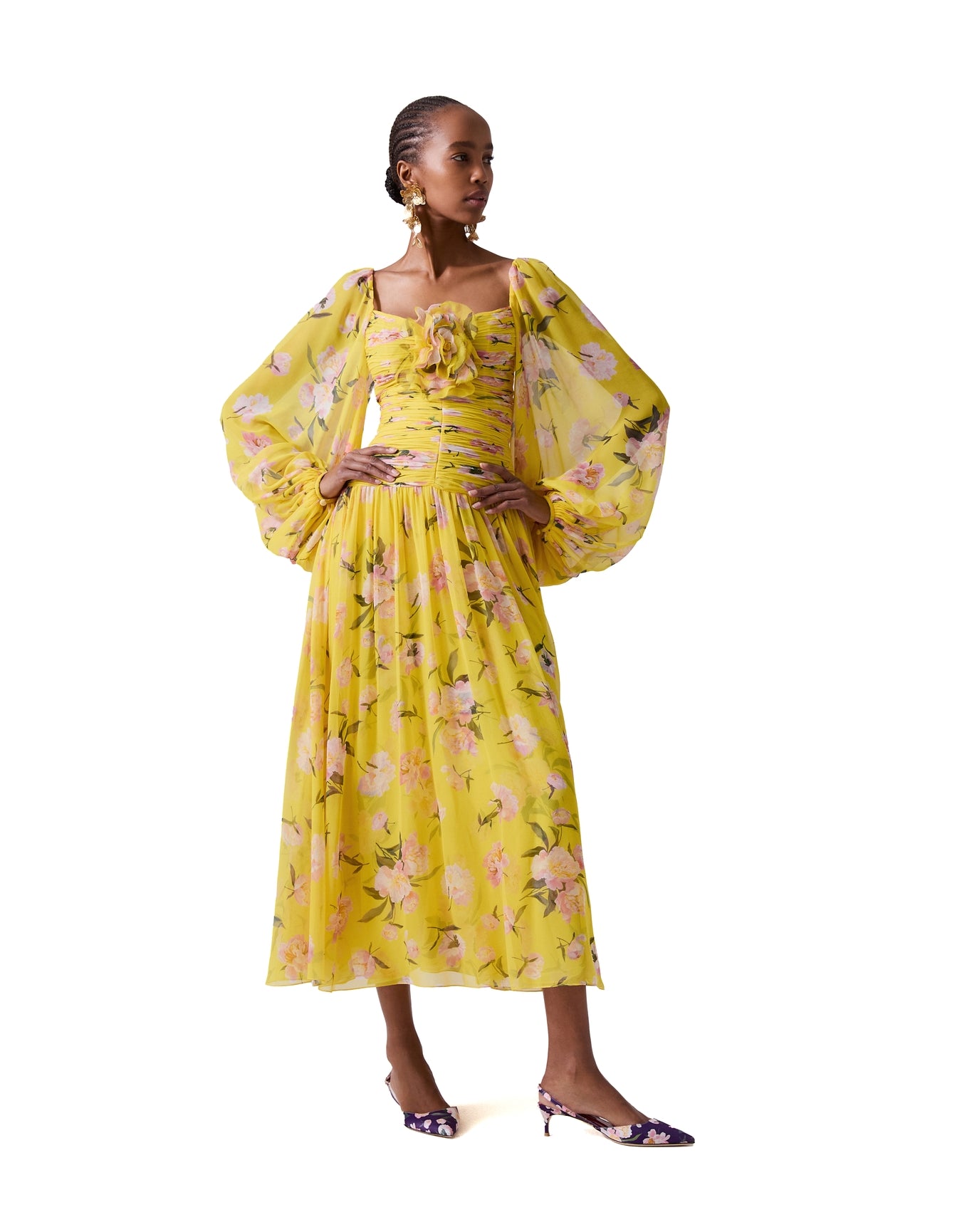 Puff Sleeve Full Gathered Midi Dress with Flower | Freesia Multi